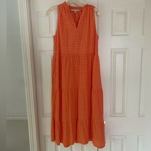 LOFT - Sleeveless-Textured- Polka Dot-Tiered Dress- Coral